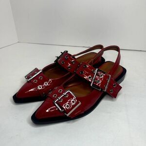 Lunhonk Red Patent Leather Slingback Flat Sandals Womens Studded Buckle Designer